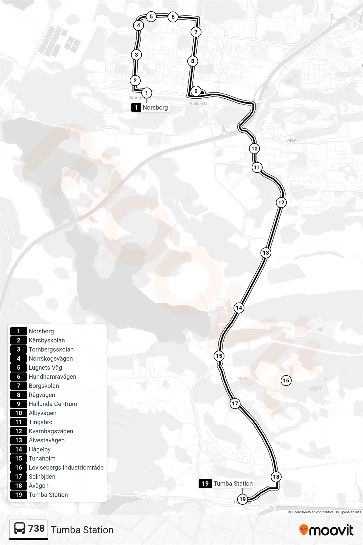 Rutt och hållplatser på karta för linje 738  buss, (Tumba Station)