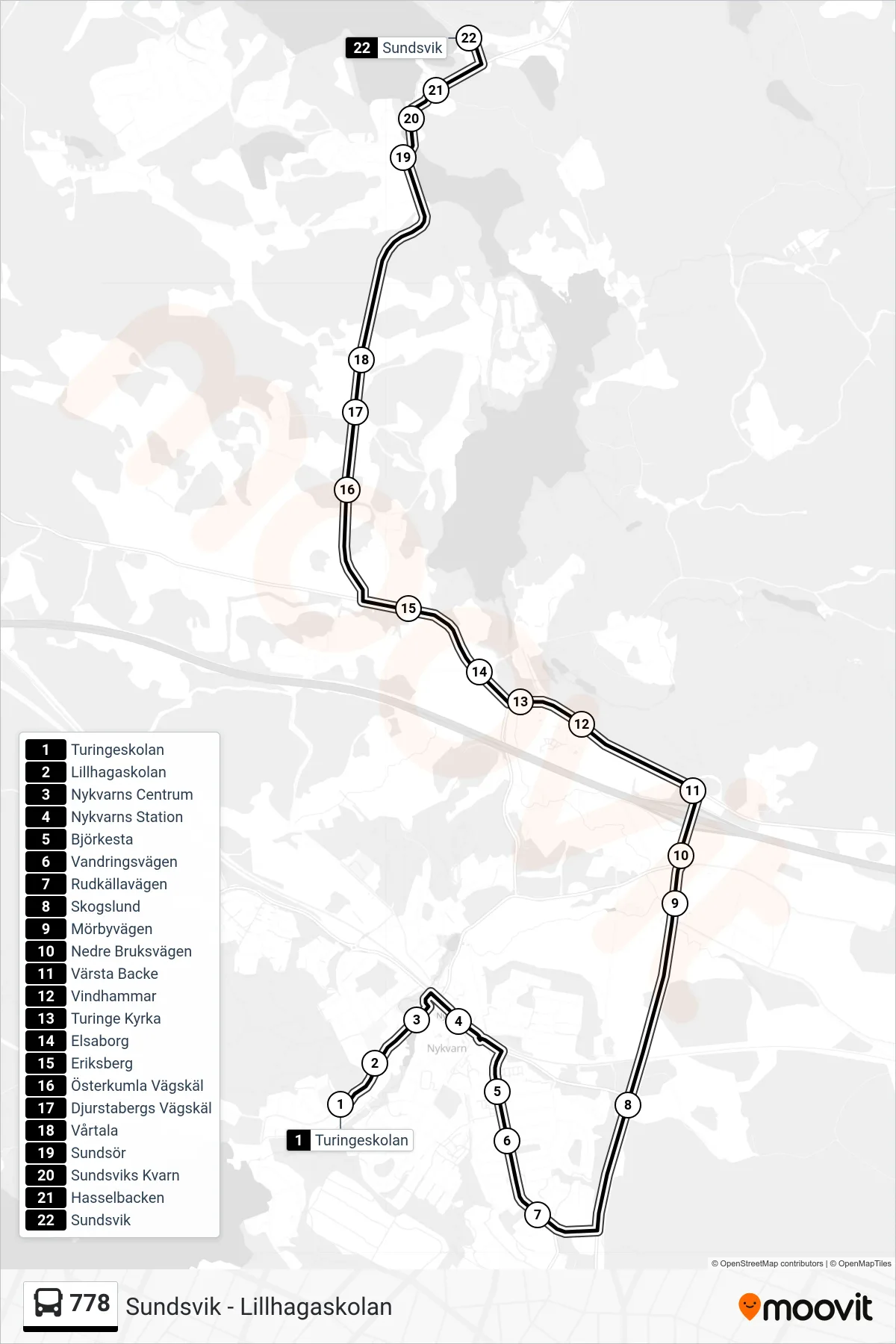 Rutt och hållplatser på karta för linje 778 buss, (Sundsvik)