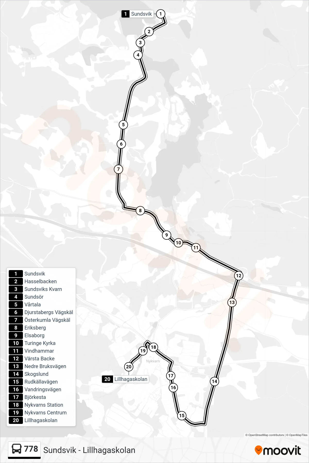 Rutt och hållplatser på karta för linje 778 buss, (Lillhagaskolan)