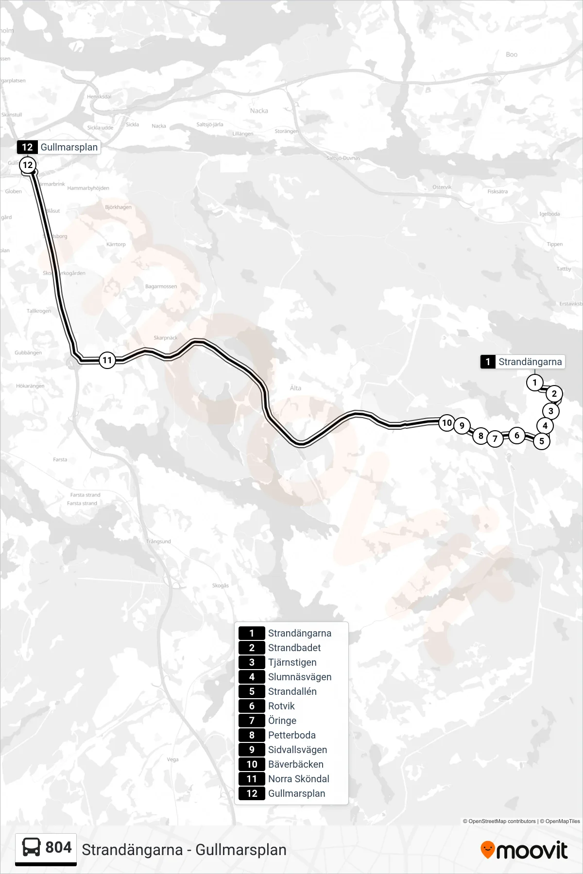 Rutt och hållplatser på karta för linje 804 buss, (Gullmarsplan)