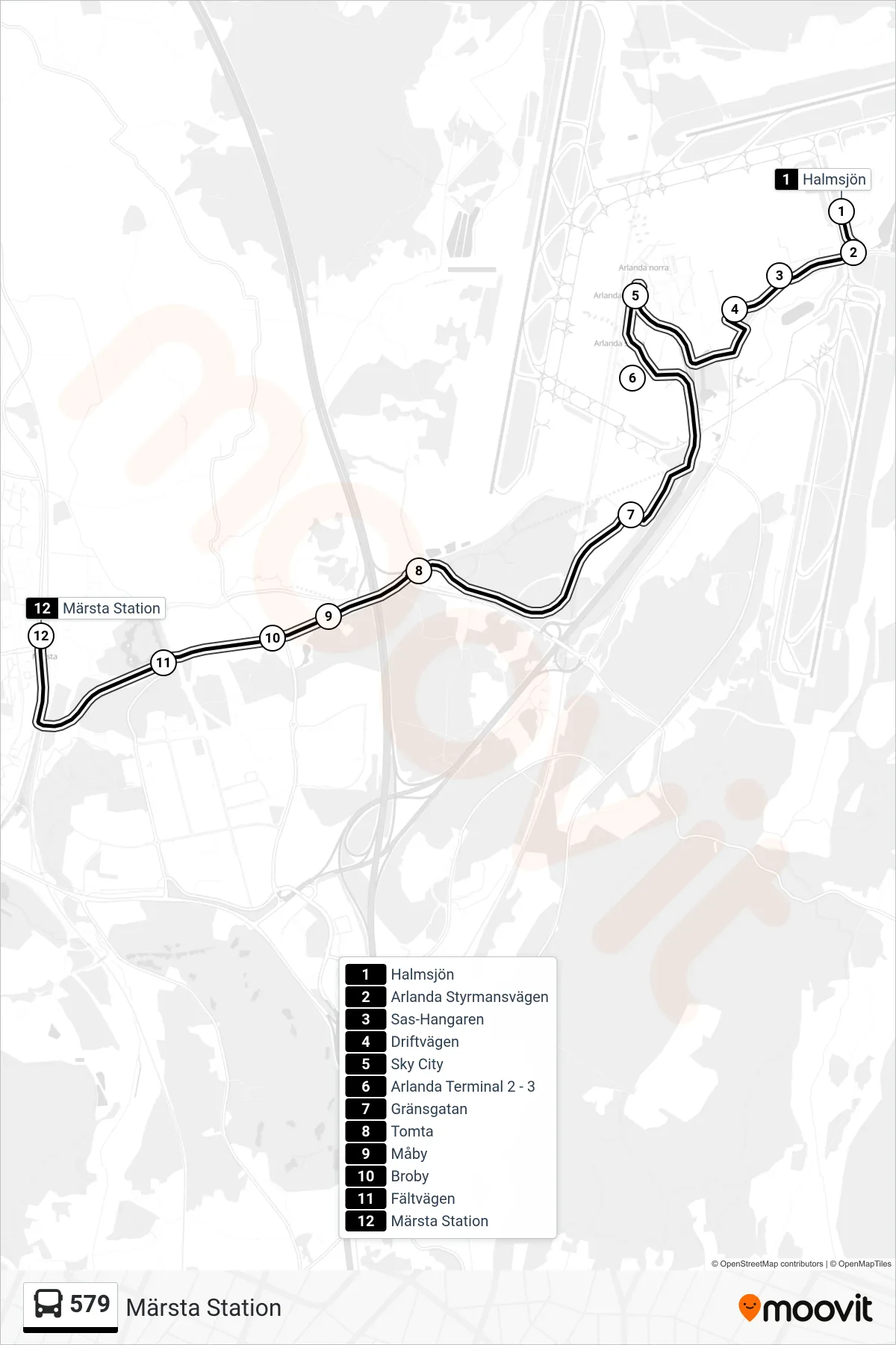 Rutt och hållplatser på karta för linje 579 buss, (Märsta Station)