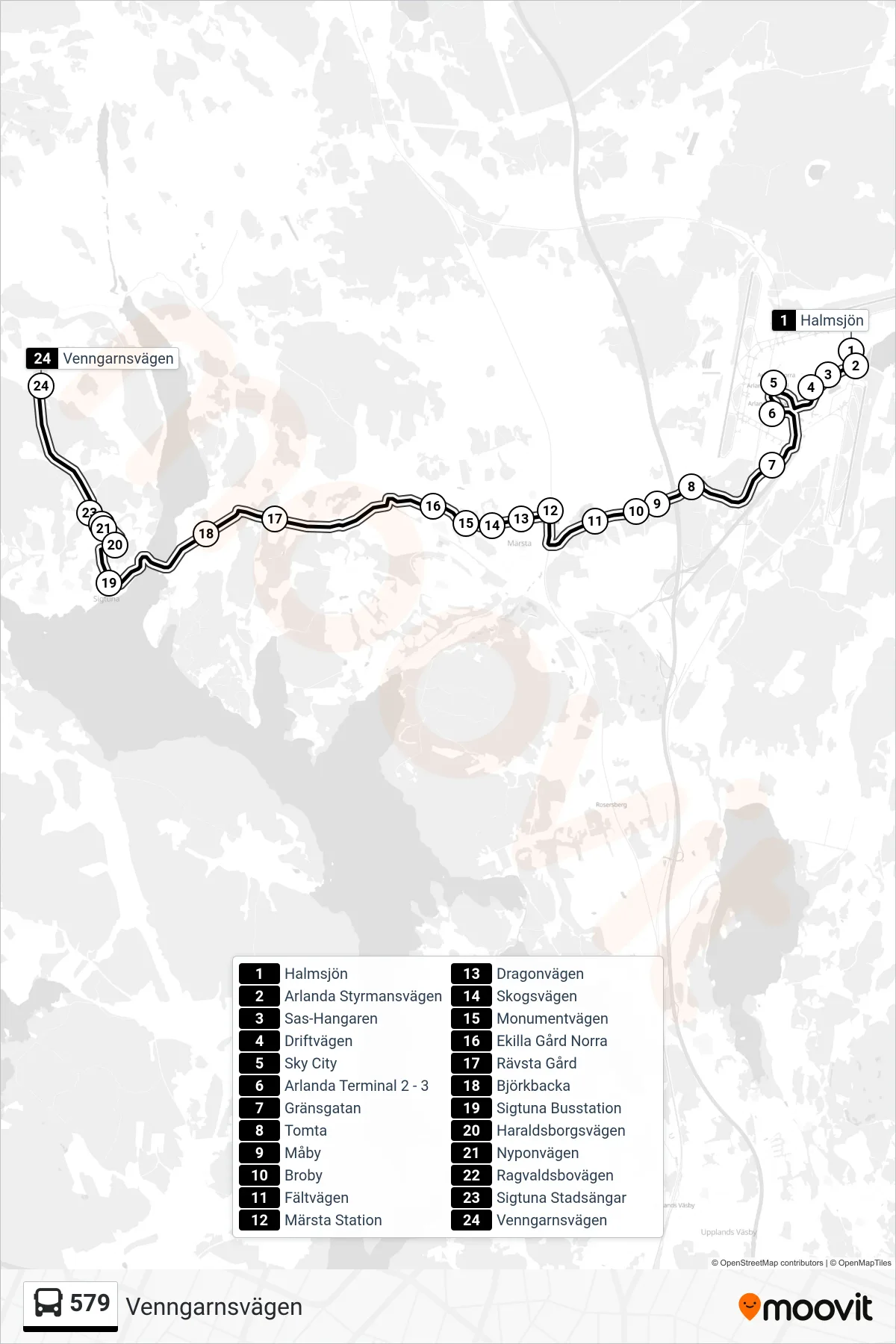 Rutt och hållplatser på karta för linje 579  buss, (Venngarnsvägen)