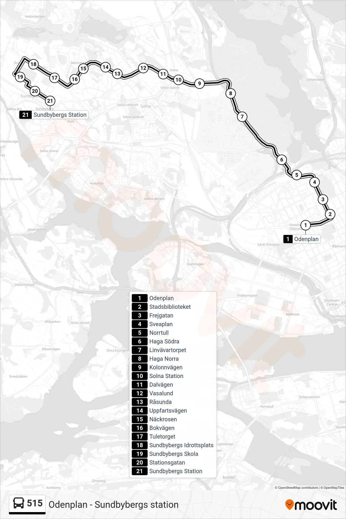 Rutt och hållplatser på karta för linje 515  buss, (Sundbybergs Station)