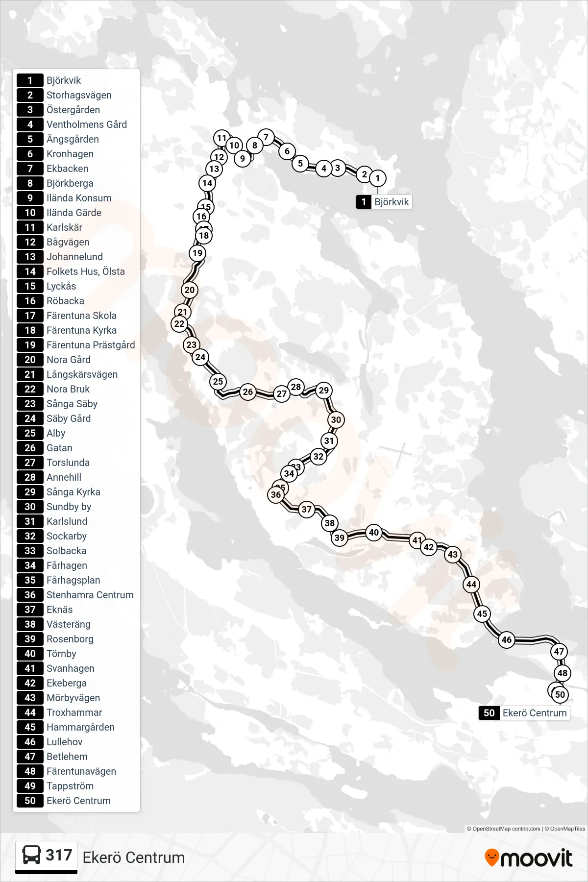 Rutt och hållplatser på karta för linje 317 buss, (Ekerö Centrum)