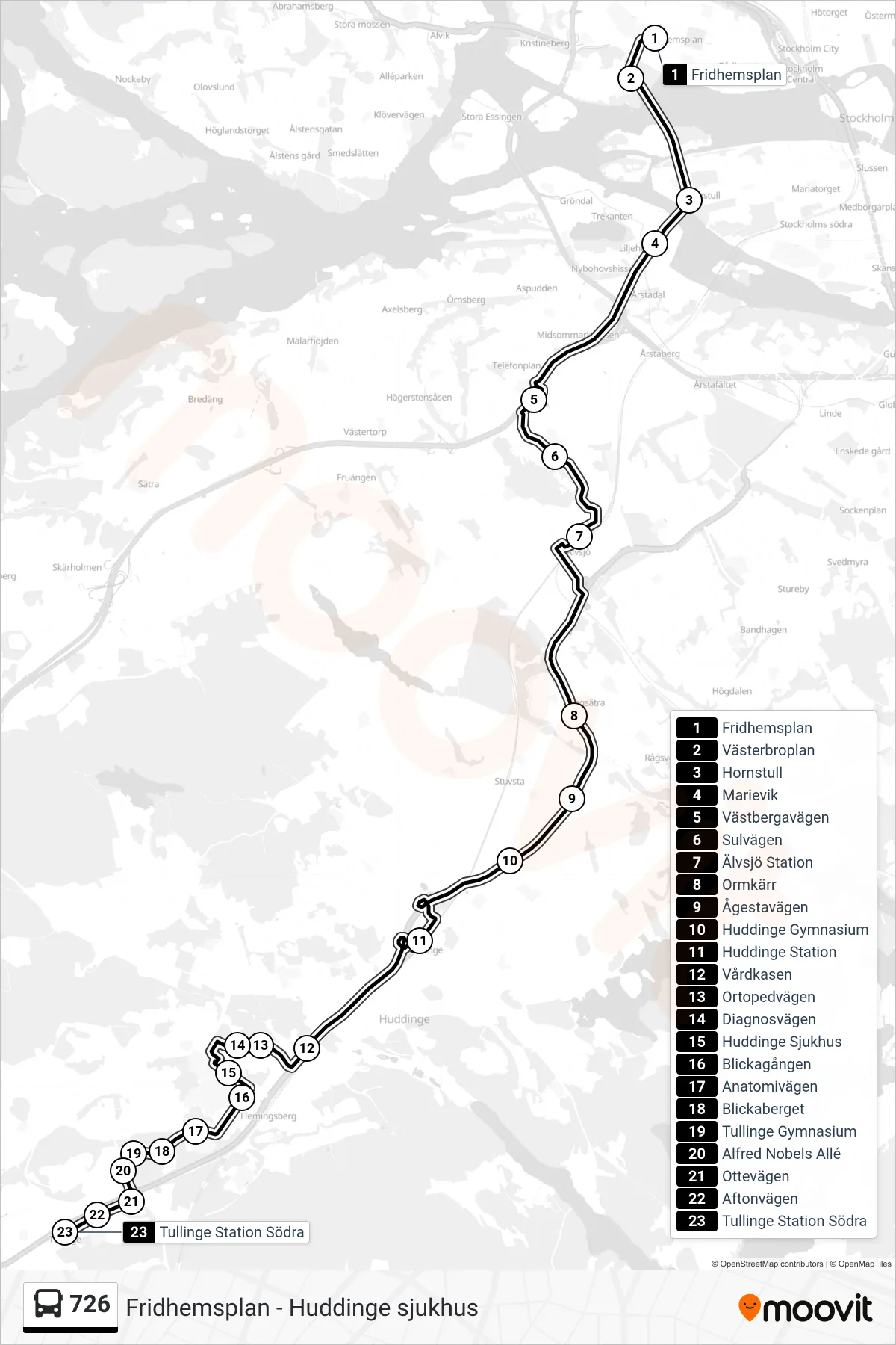 Rutt och hållplatser på karta för linje 726 buss, (Tullinge Station Södra)