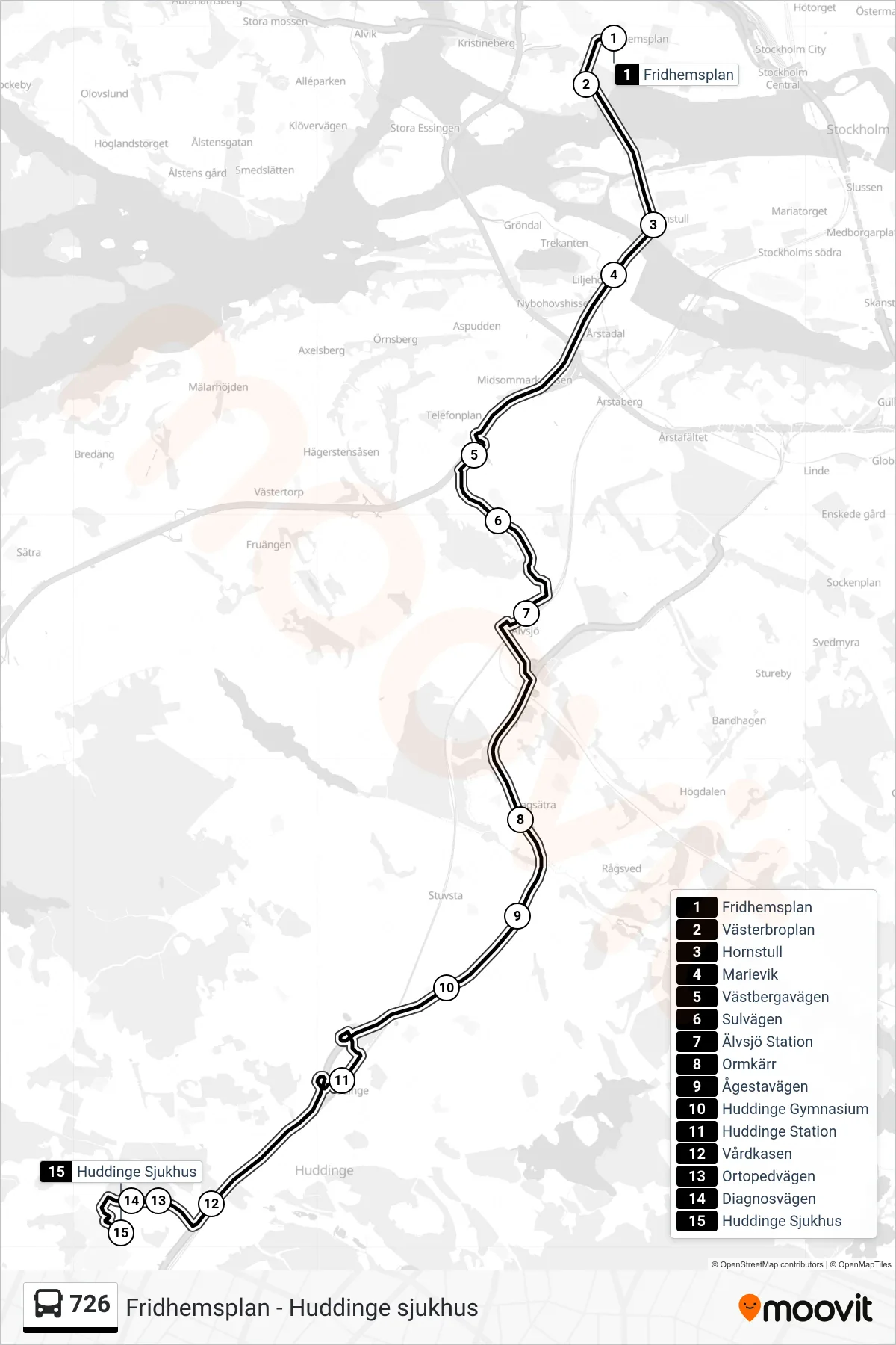 Rutt och hållplatser på karta för linje 726  buss, (Huddinge Sjukhus)