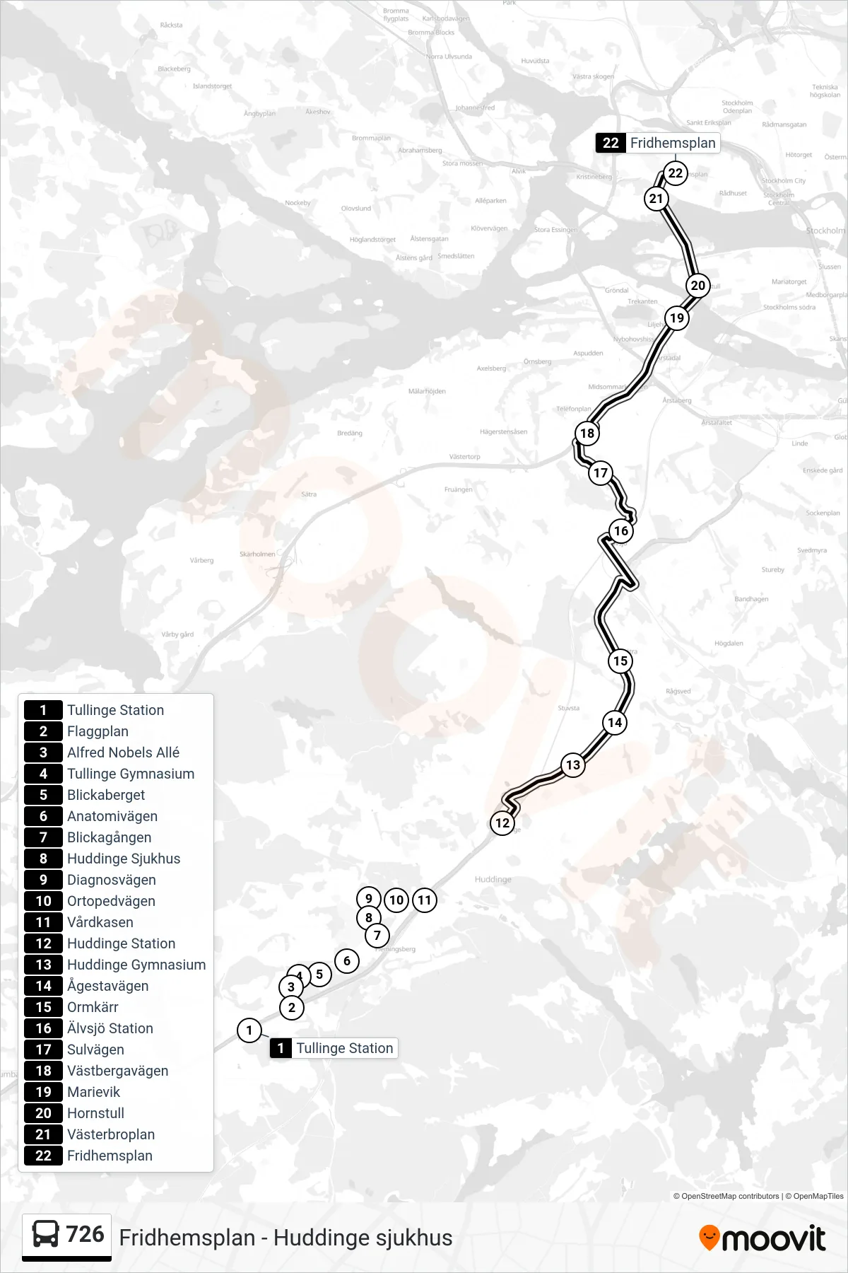 Rutt och hållplatser på karta för linje 726 buss, (Fridhemsplan)