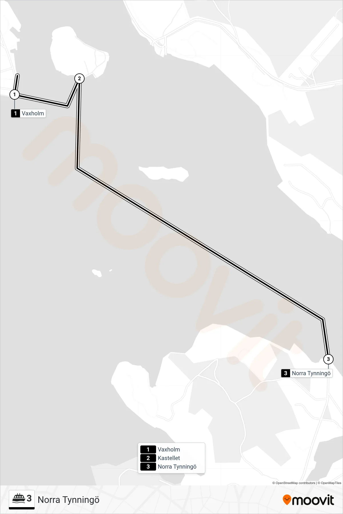 Rutt och hållplatser på karta för linje 3  färja, (Norra Tynningö)