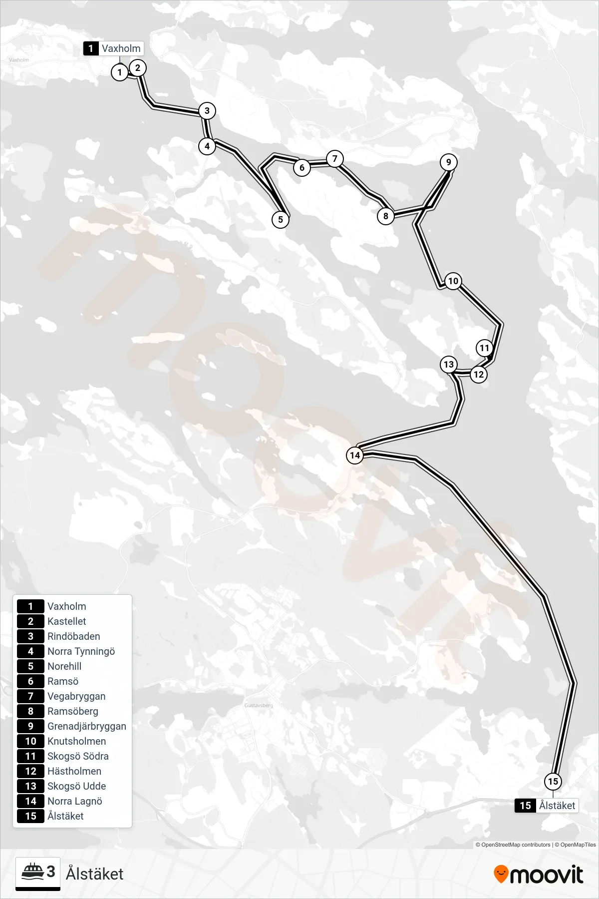 Rutt och hållplatser på karta för linje 3 färja, (Ålstäket)