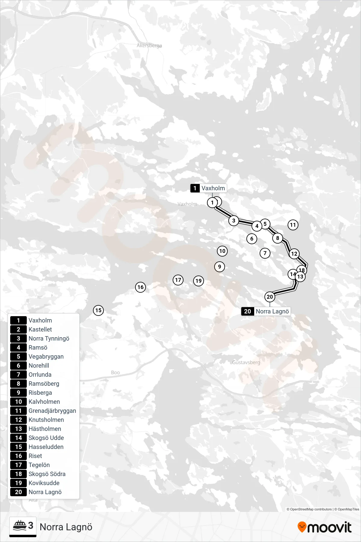 Rutt och hållplatser på karta för linje 3 färja, (Norra Lagnö)