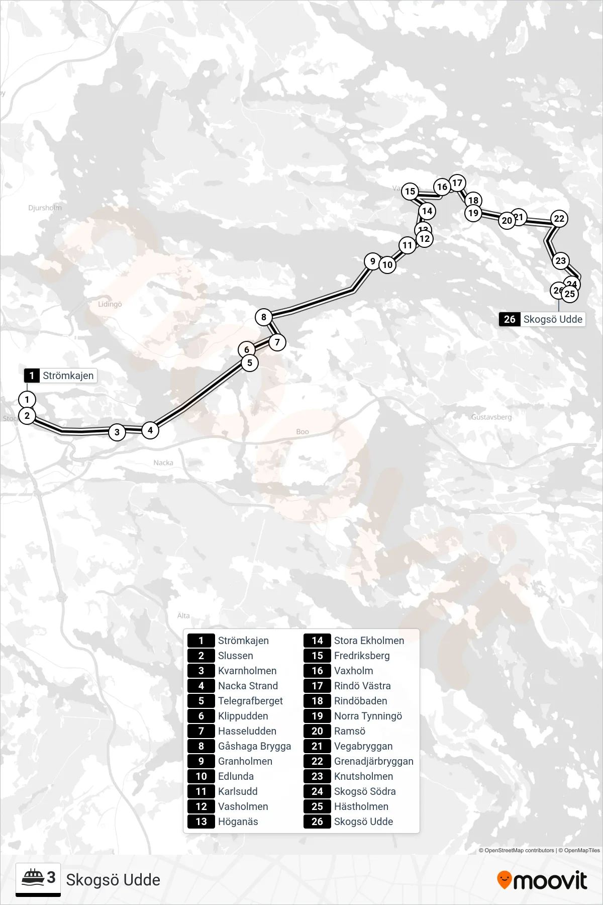 Rutt och hållplatser på karta för linje 3 färja, (Skogsö Udde)