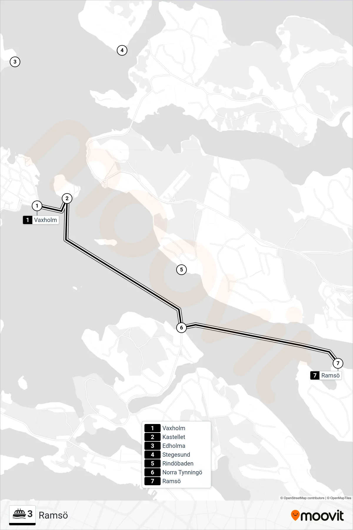 Rutt och hållplatser på karta för linje 3 färja, (Ramsö)
