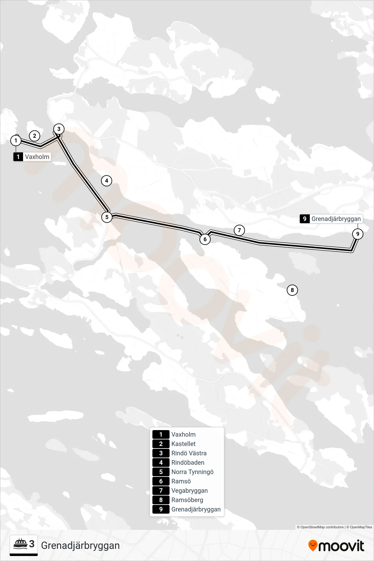 Rutt och hållplatser på karta för linje 3  färja, (Grenadjärbryggan)