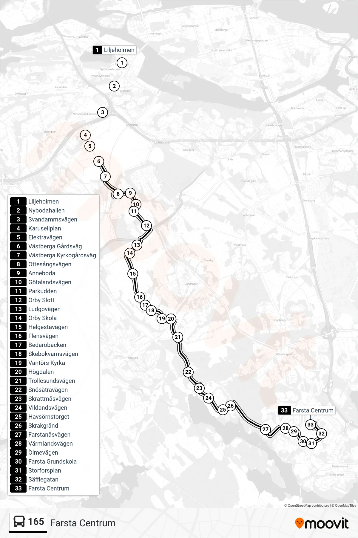 Rutt och hållplatser på karta för linje 165  buss, (Farsta Centrum)