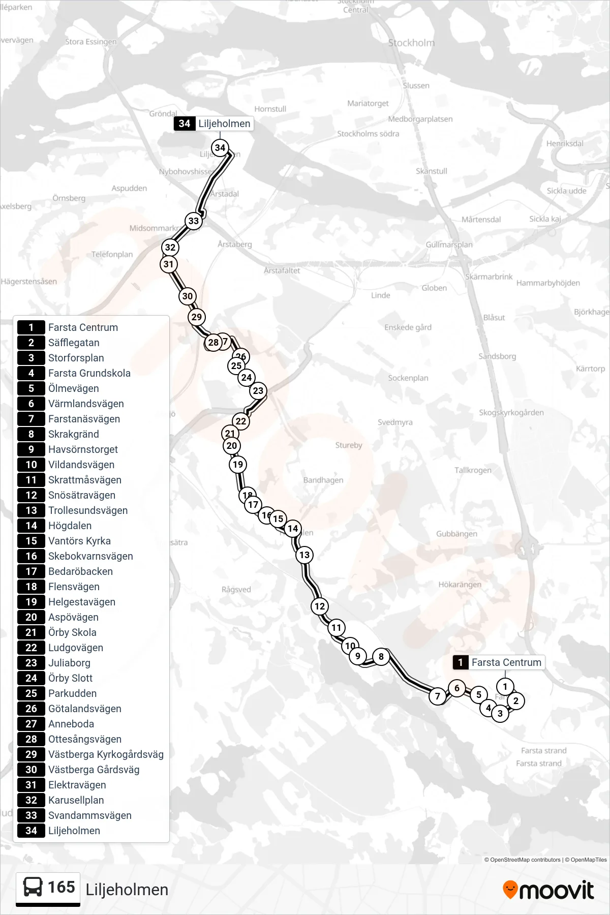 Rutt och hållplatser på karta för linje 165  buss, (Liljeholmen)