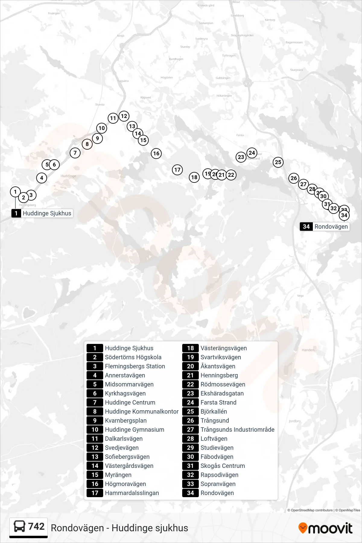Rutt och hållplatser på karta för linje 742 buss, (Rondovägen)