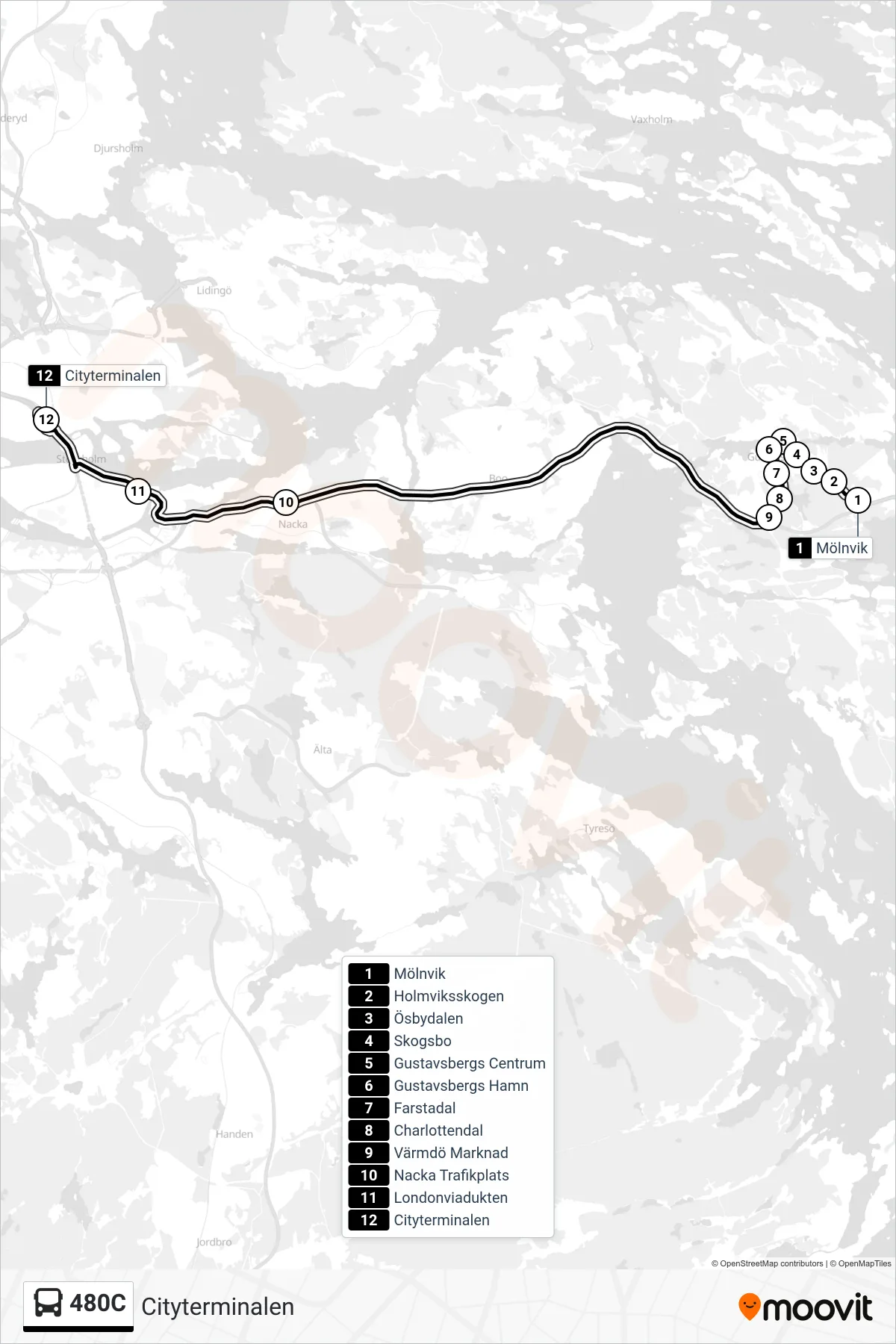 Rutt och hållplatser på karta för linje 480C buss, (Cityterminalen)