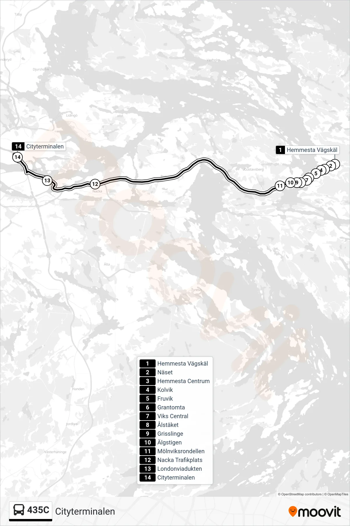 Rutt och hållplatser på karta för linje 435C  buss, (Cityterminalen)