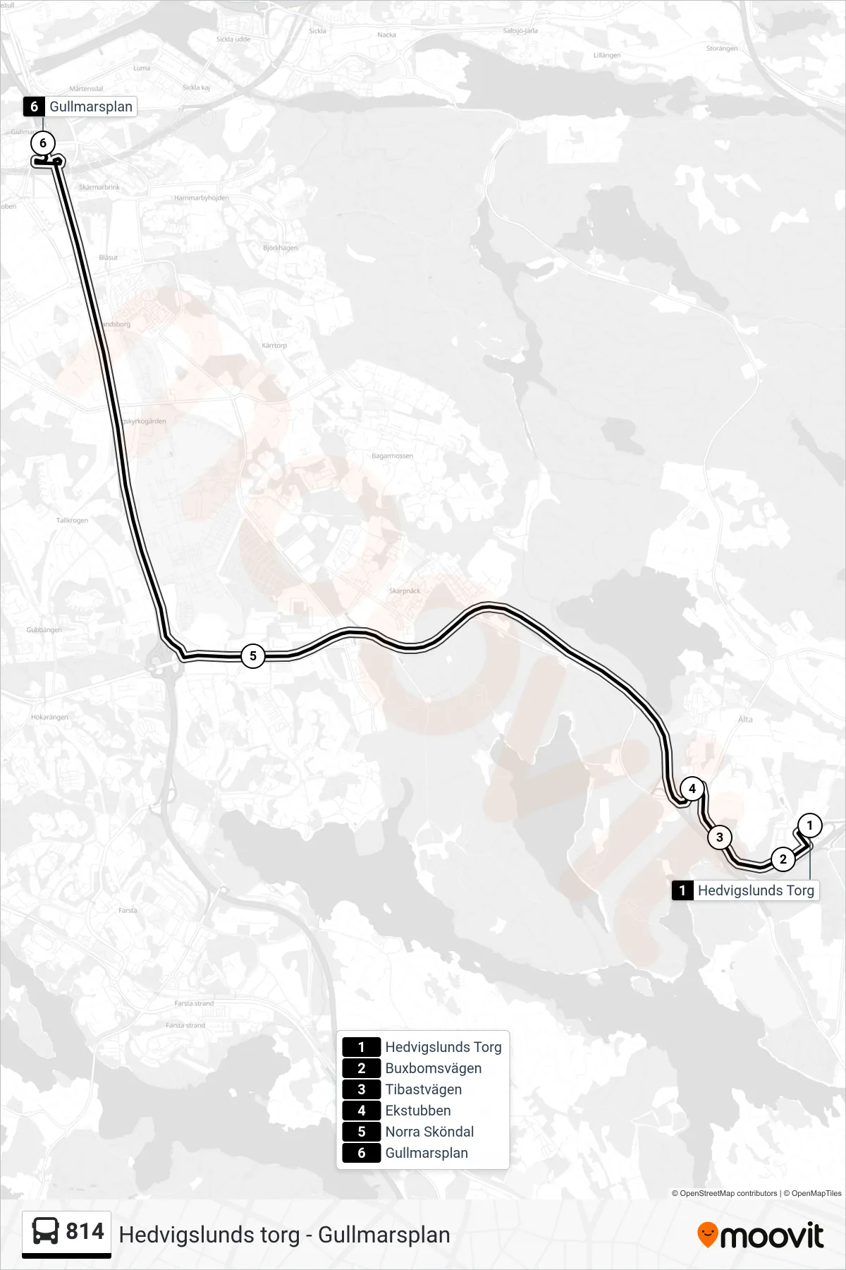 Rutt och hållplatser på karta för linje 814 buss, (Gullmarsplan)
