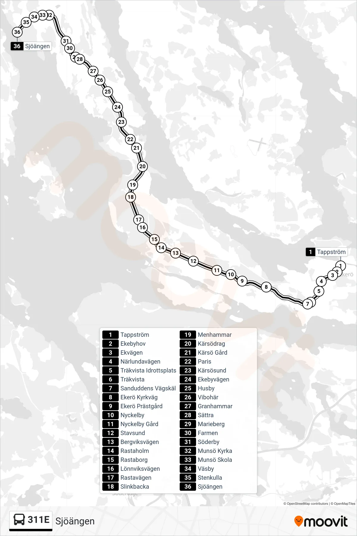 Rutt och hållplatser på karta för linje 311E buss, (Sjöängen)