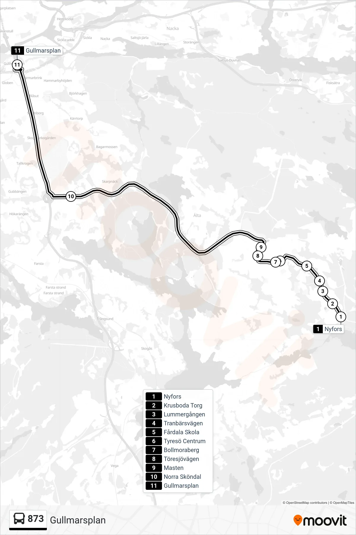 Rutt och hållplatser på karta för linje 873  buss, (Gullmarsplan)