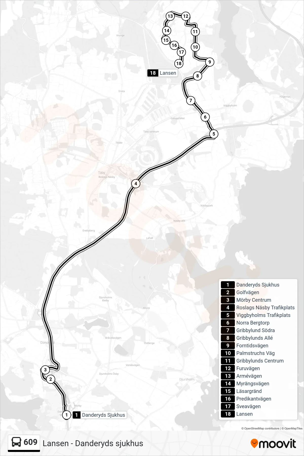 Rutt och hållplatser på karta för linje 609 buss, (Lansen)