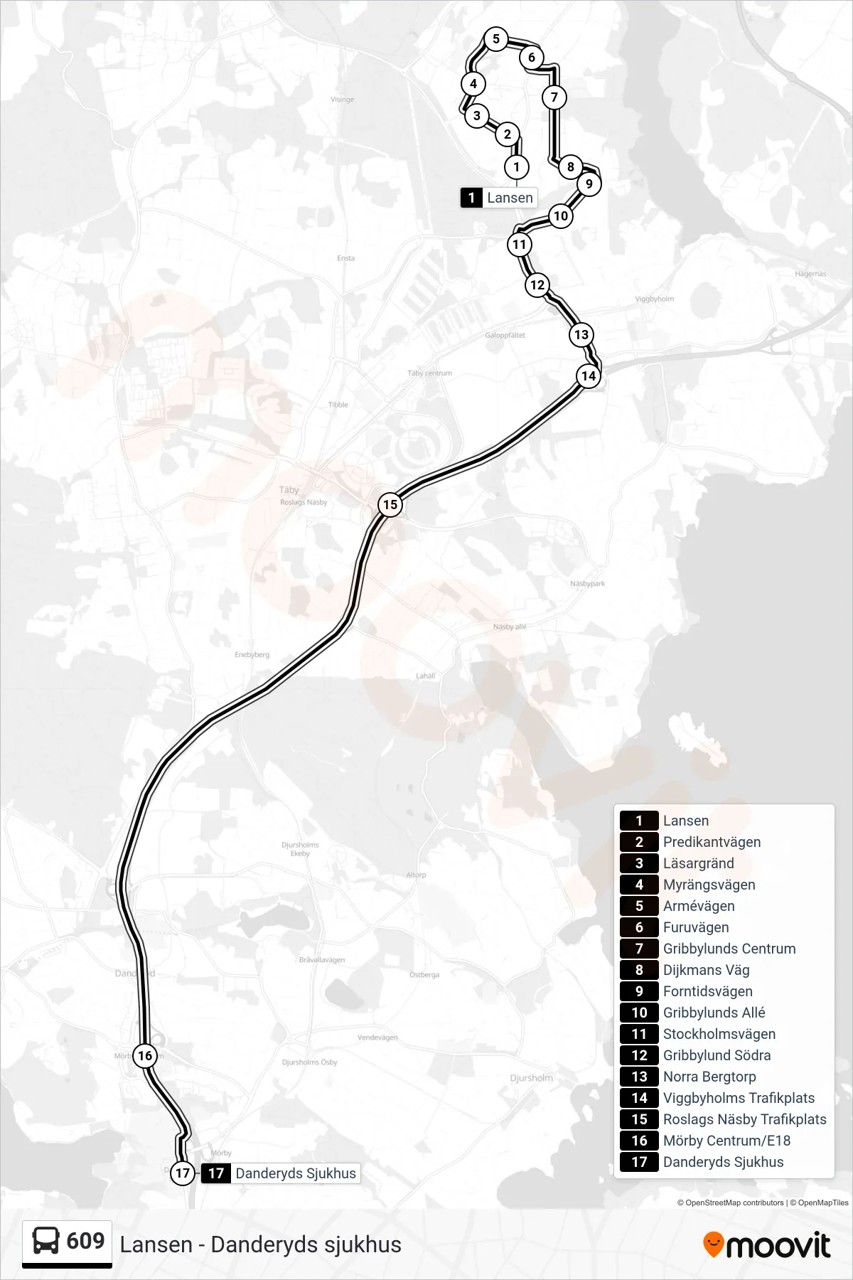 Rutt och hållplatser på karta för linje 609 buss, (Danderyds Sjukhus)
