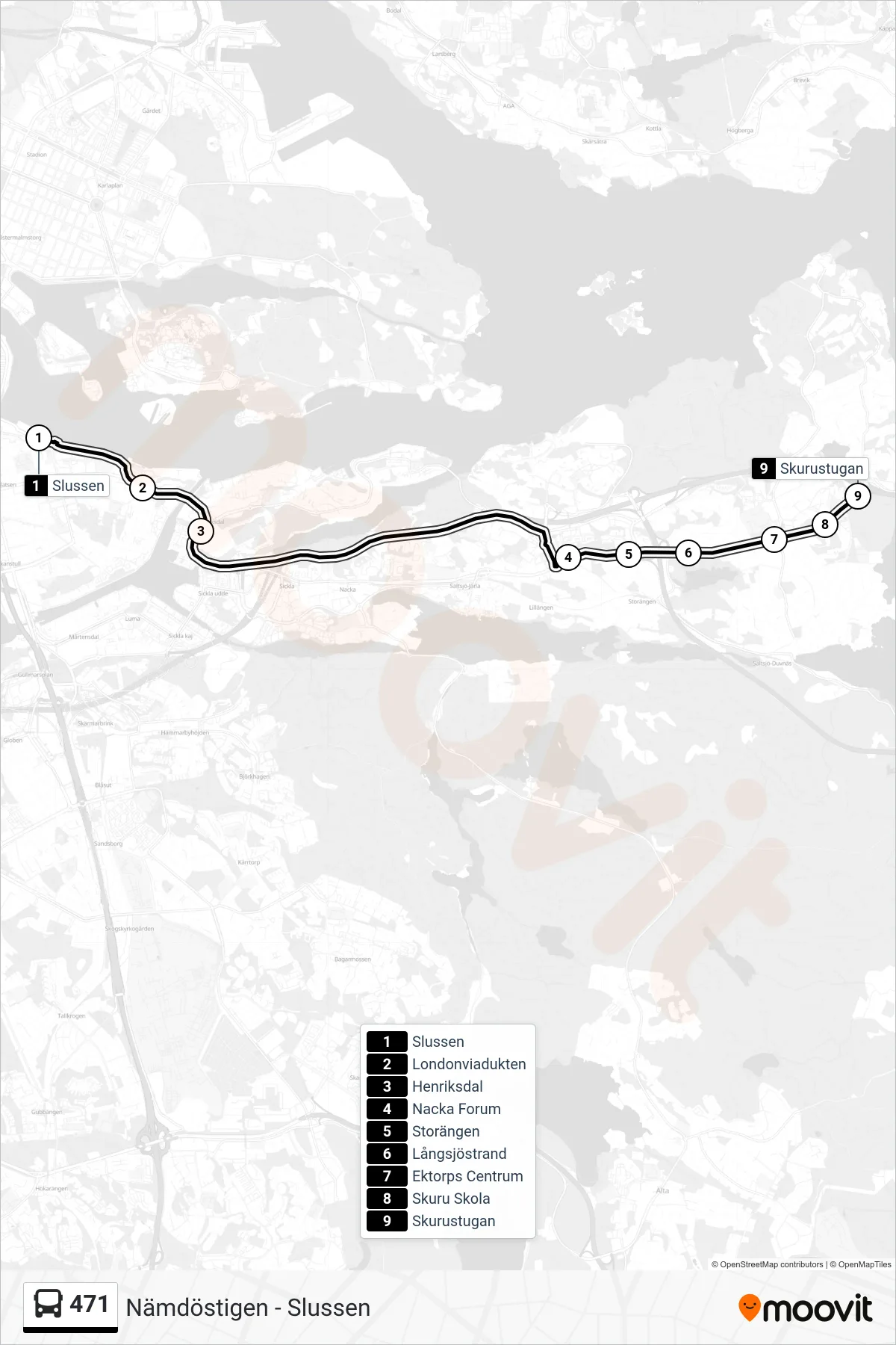 Rutt och hållplatser på karta för linje 471 buss, (Skurustugan)