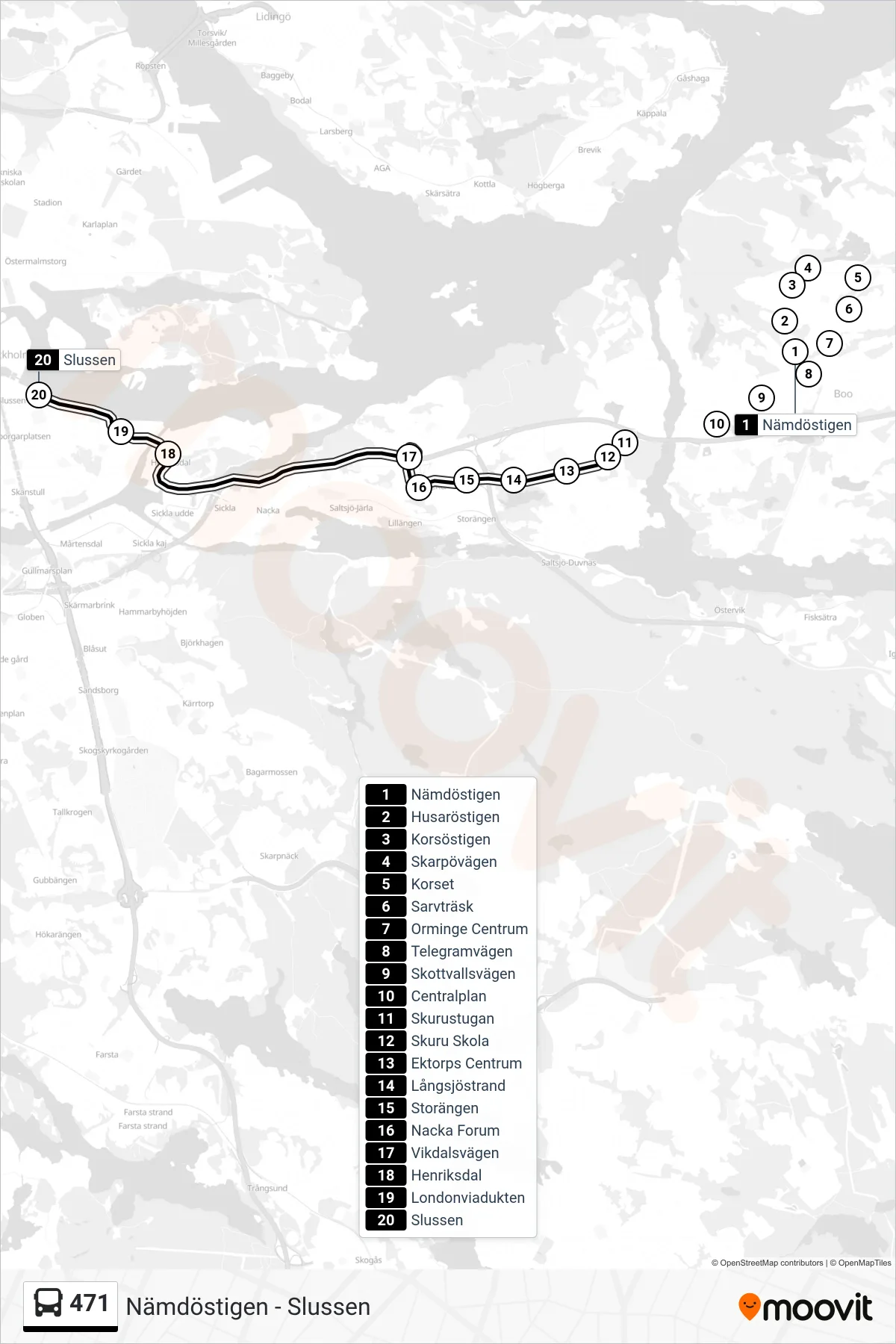 Rutt och hållplatser på karta för linje 471 buss, (Slussen)