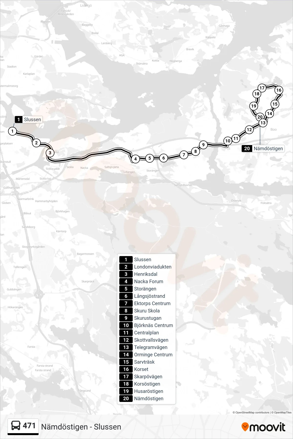 Rutt och hållplatser på karta för linje 471 buss, (Nämdöstigen)