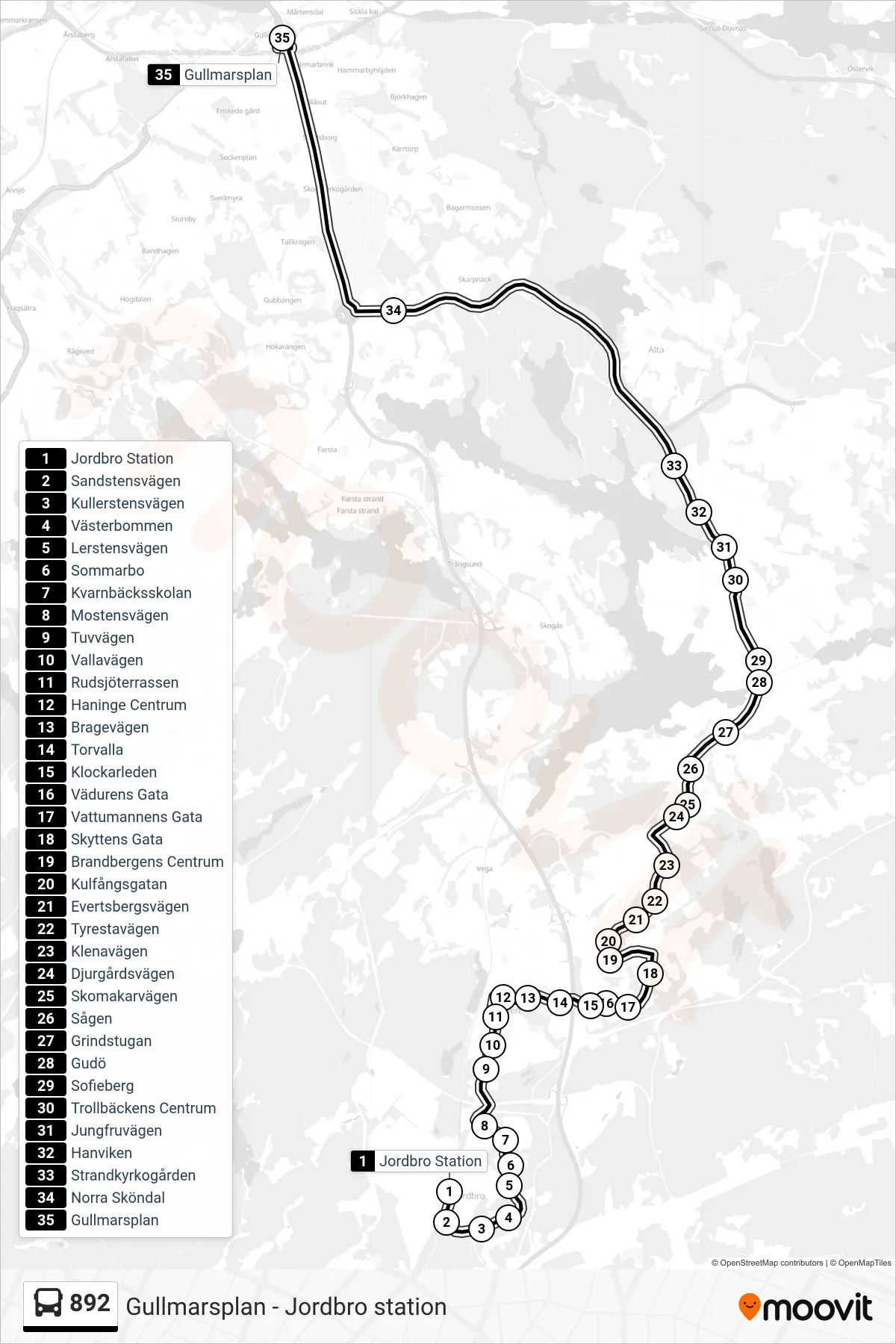 Rutt och hållplatser på karta för linje 892 buss, (Gullmarsplan)