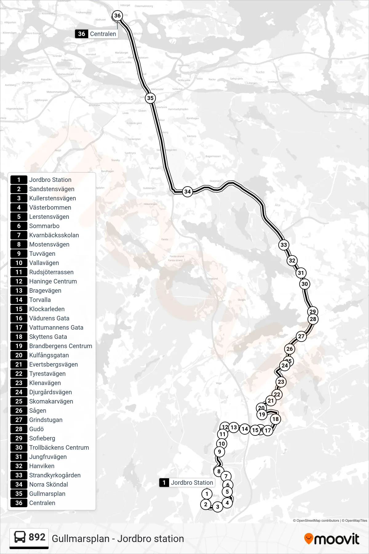 Rutt och hållplatser på karta för linje 892 buss, (Centralen)