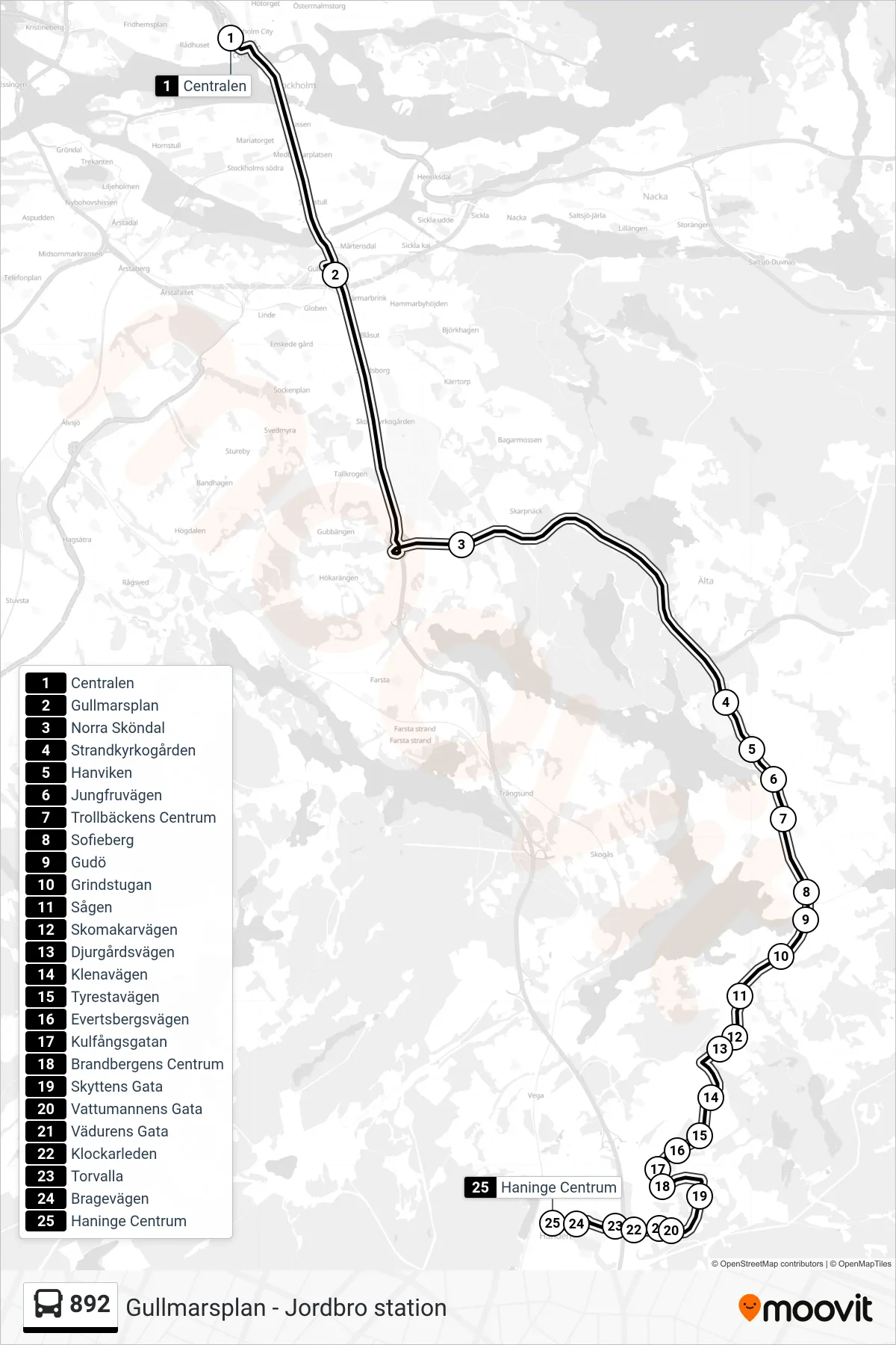 Rutt och hållplatser på karta för linje 892 buss, (Haninge Centrum)