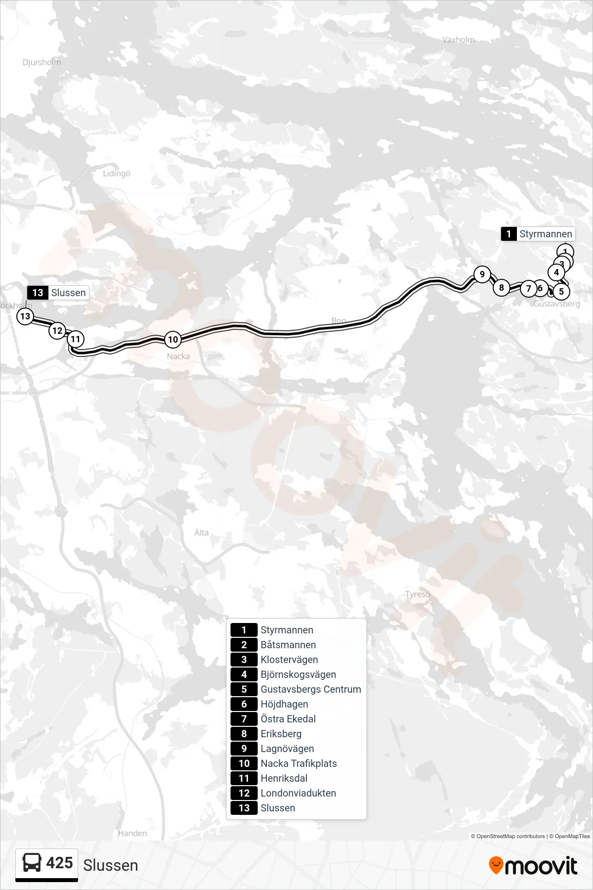Rutt och hållplatser på karta för linje 425 buss, (Slussen)
