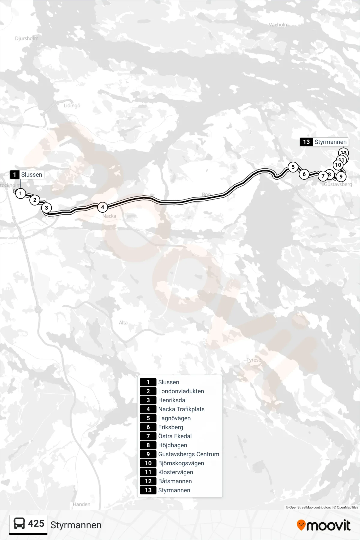 Rutt och hållplatser på karta för linje 425 buss, (Styrmannen)
