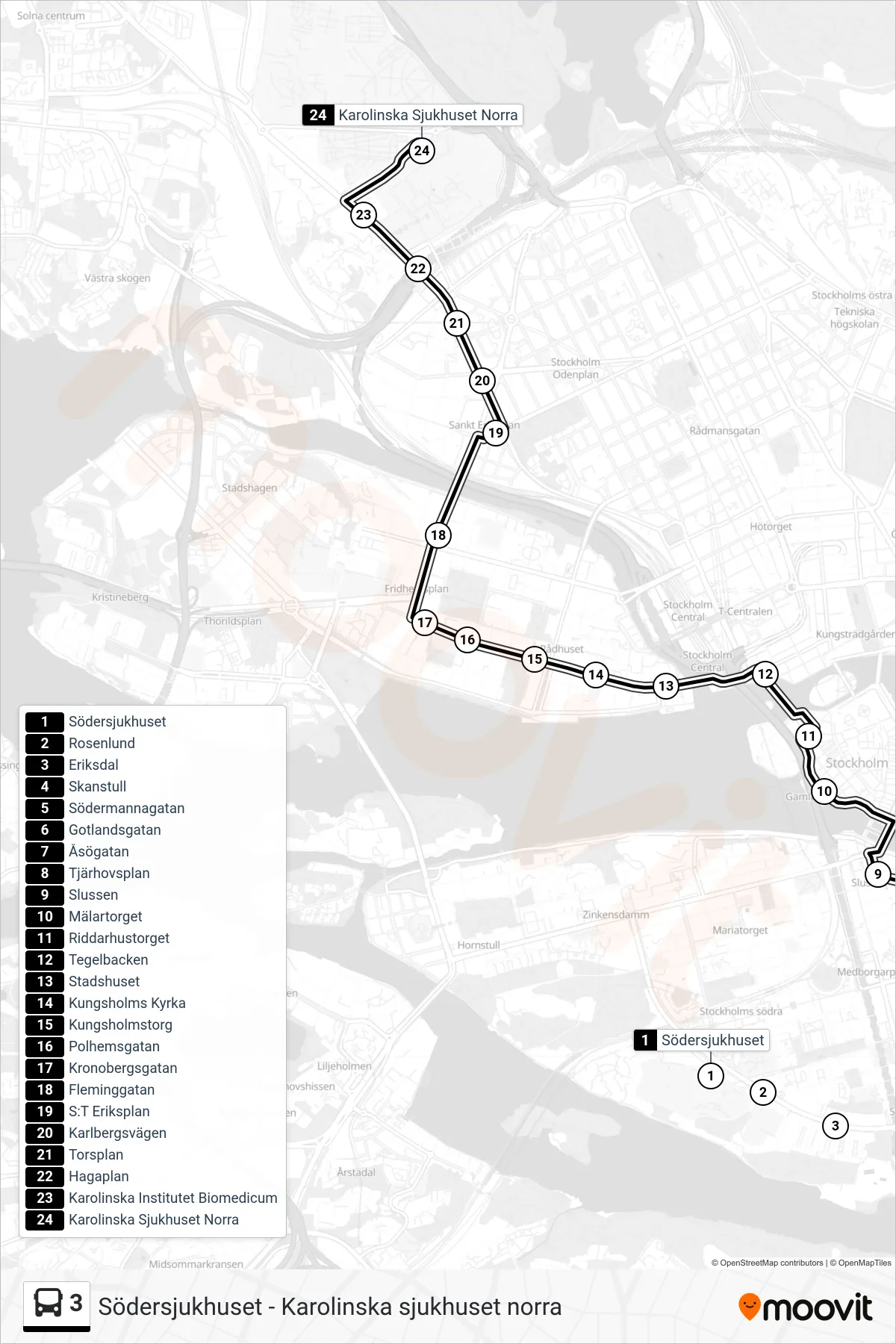 Rutt och hållplatser på karta för linje 3  buss, (Karolinska Sjukhuset Norra)
