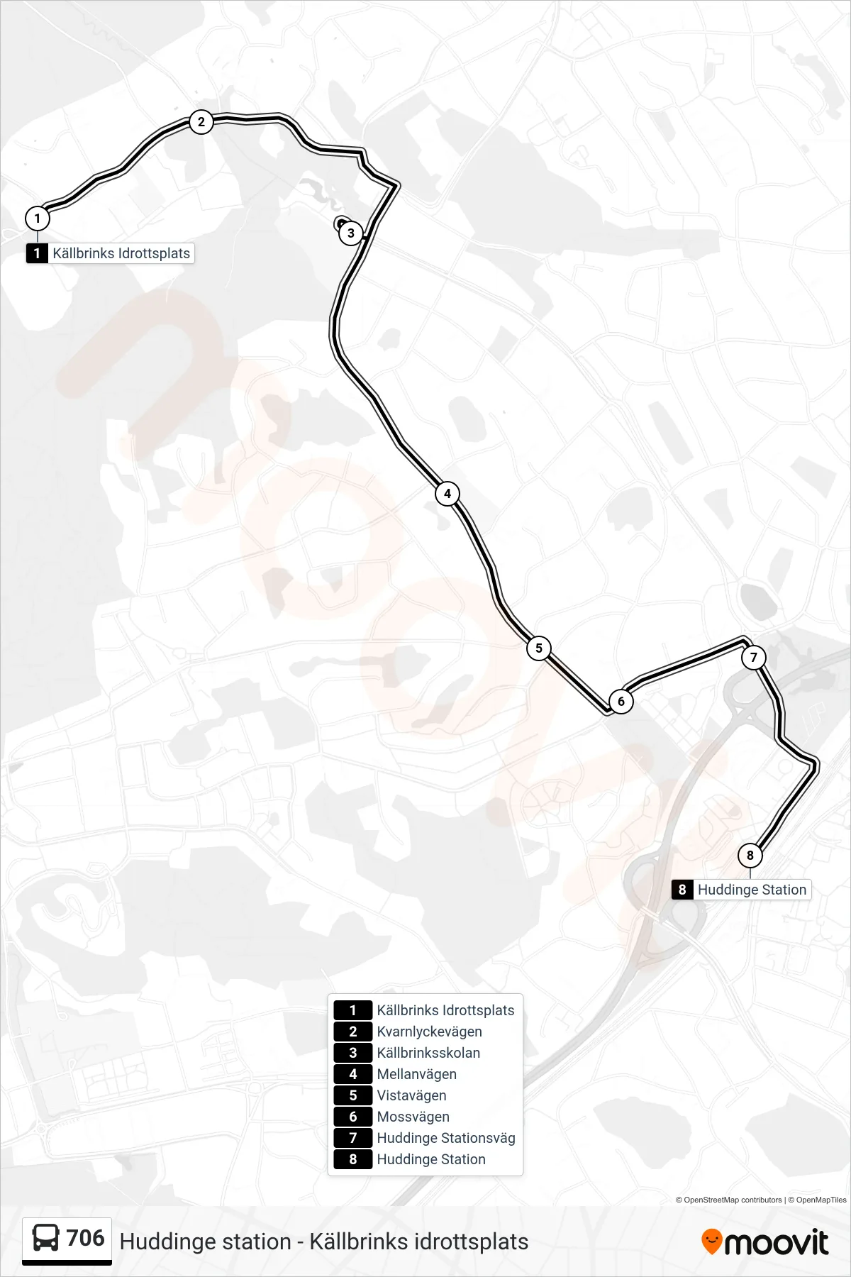 Rutt och hållplatser på karta för linje 706 buss, (Huddinge Station)