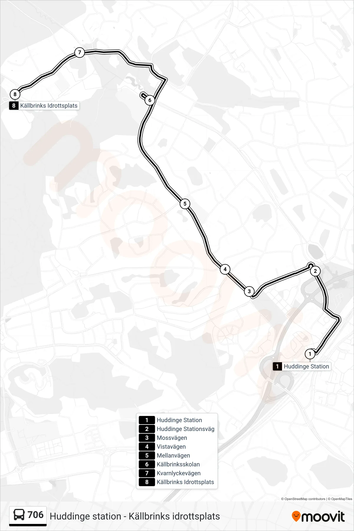 Rutt och hållplatser på karta för linje 706  buss, (Källbrinks Idrottsplats)