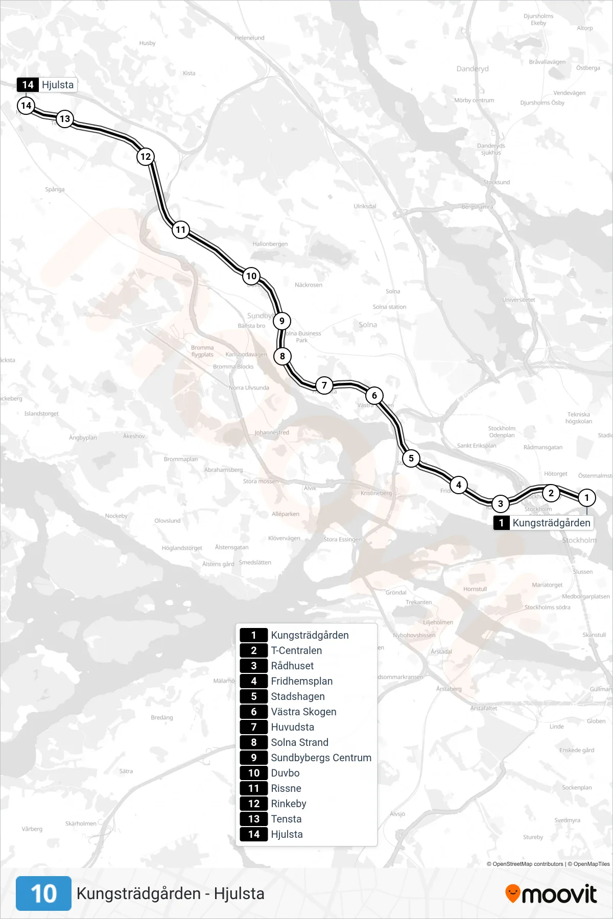 Rutt och hållplatser på karta för linje 10 tunnelbana, (Hjulsta)