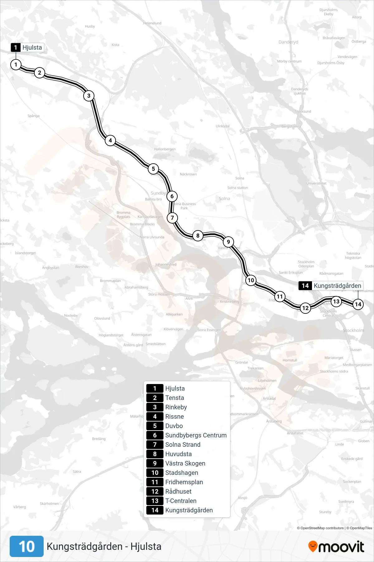 Rutt och hållplatser på karta för linje 10  tunnelbana, (Kungsträdgården)