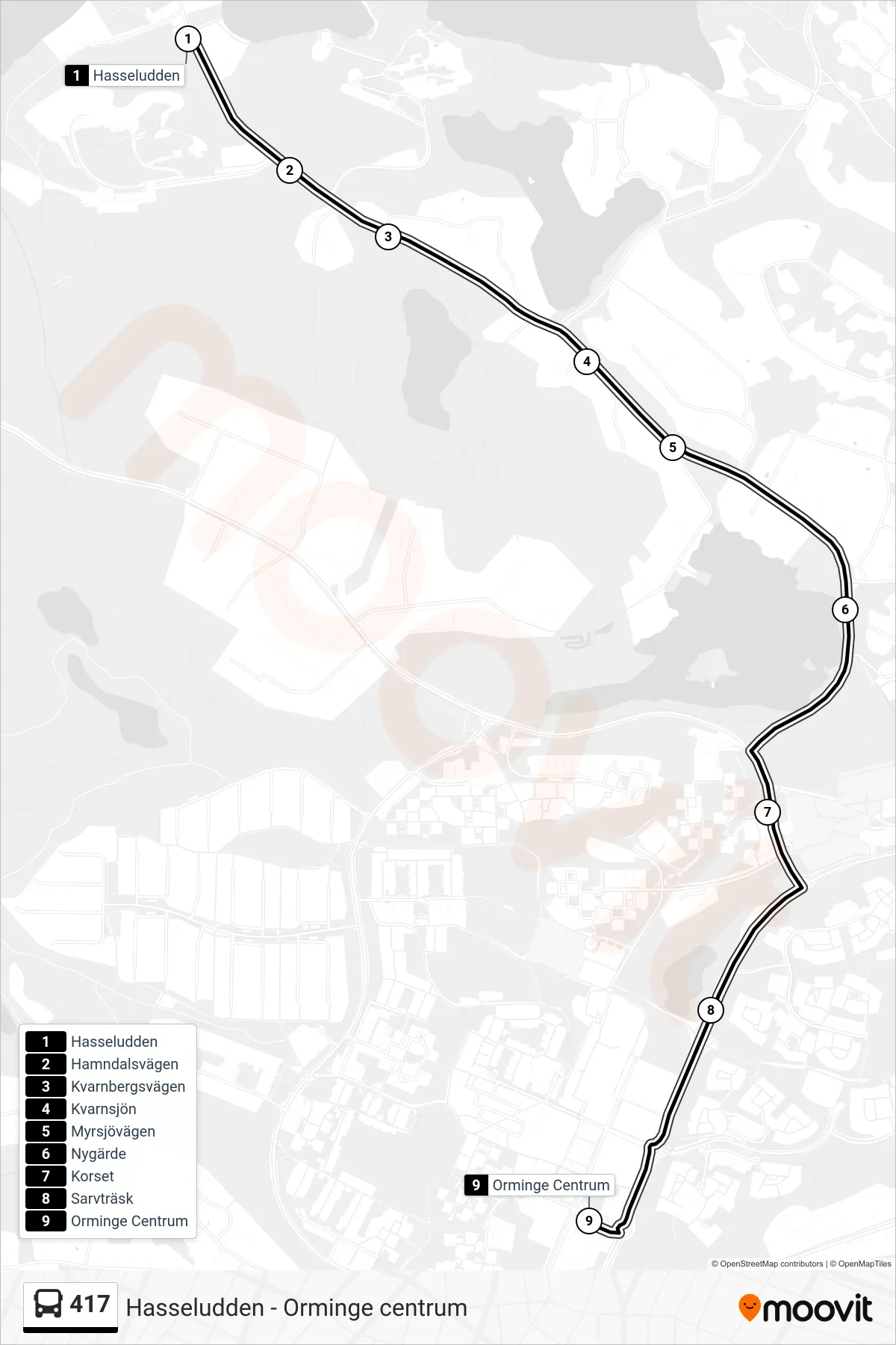 Rutt och hållplatser på karta för linje 417 buss, (Orminge Centrum)