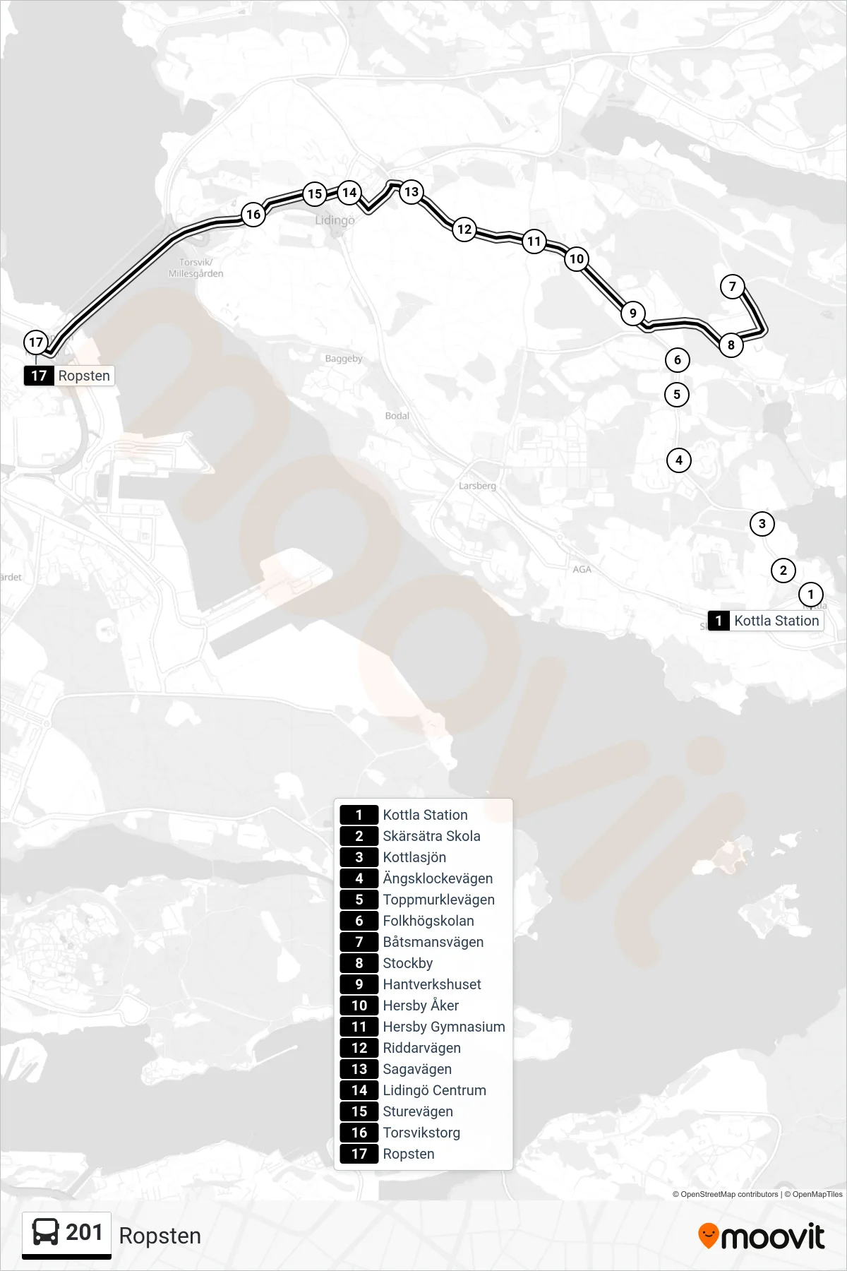 Rutt och hållplatser på karta för linje 201 buss, (Ropsten)