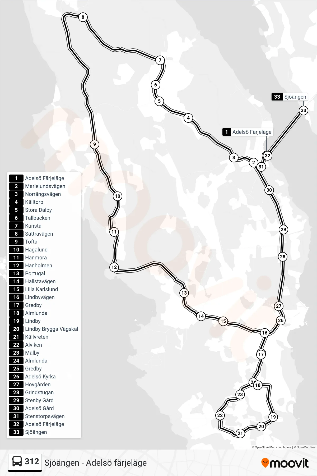 Rutt och hållplatser på karta för linje 312  buss, (Sjöängen)