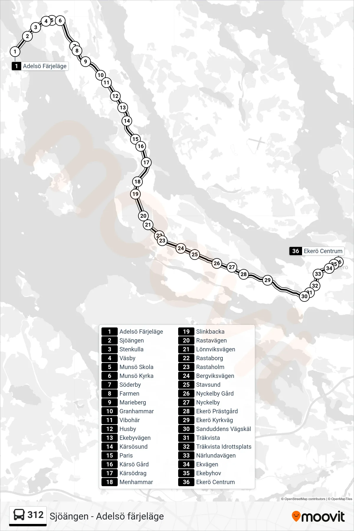 Rutt och hållplatser på karta för linje 312  buss, (Ekerö Centrum)