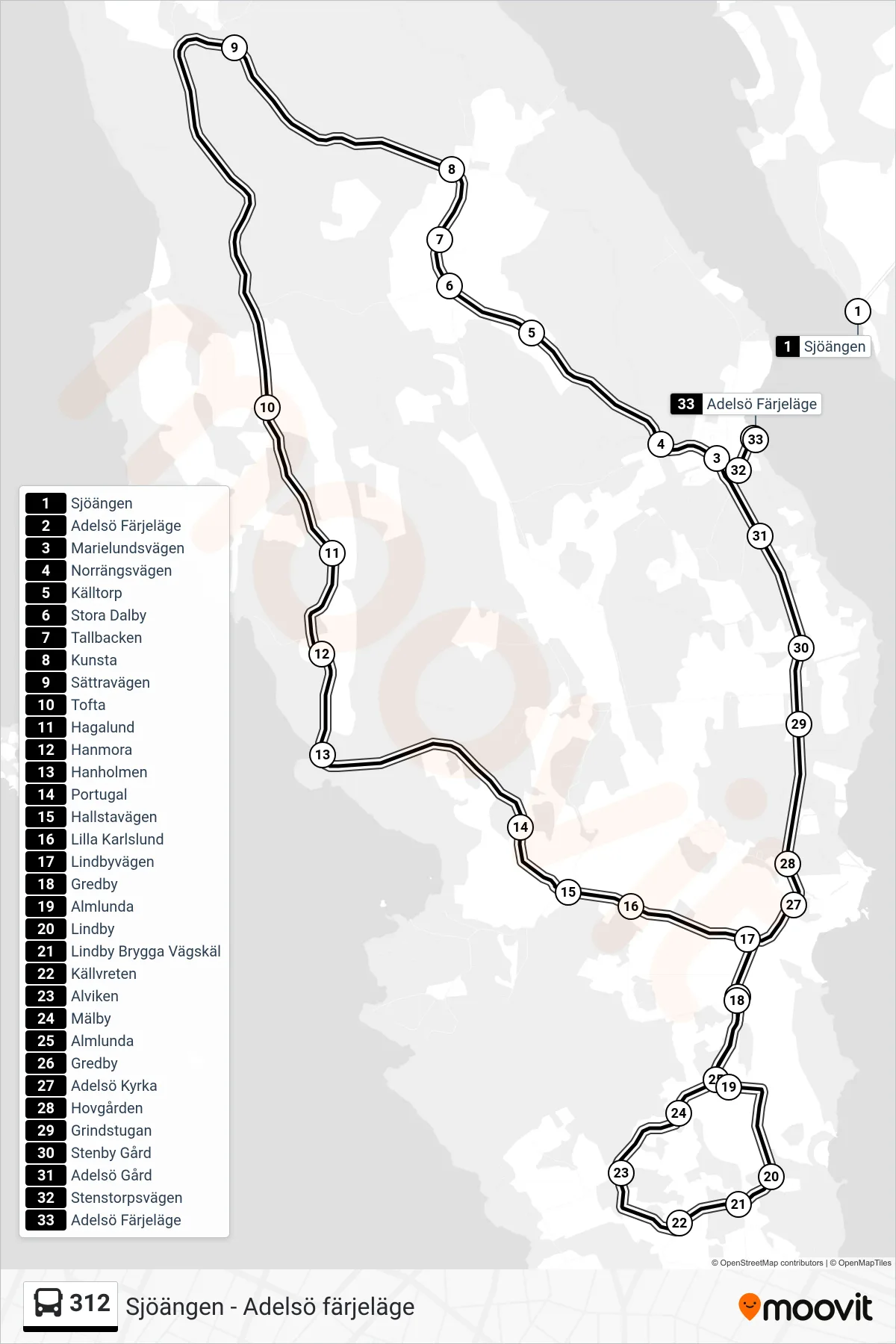 Rutt och hållplatser på karta för linje 312 buss, (Adelsö Färjeläge)