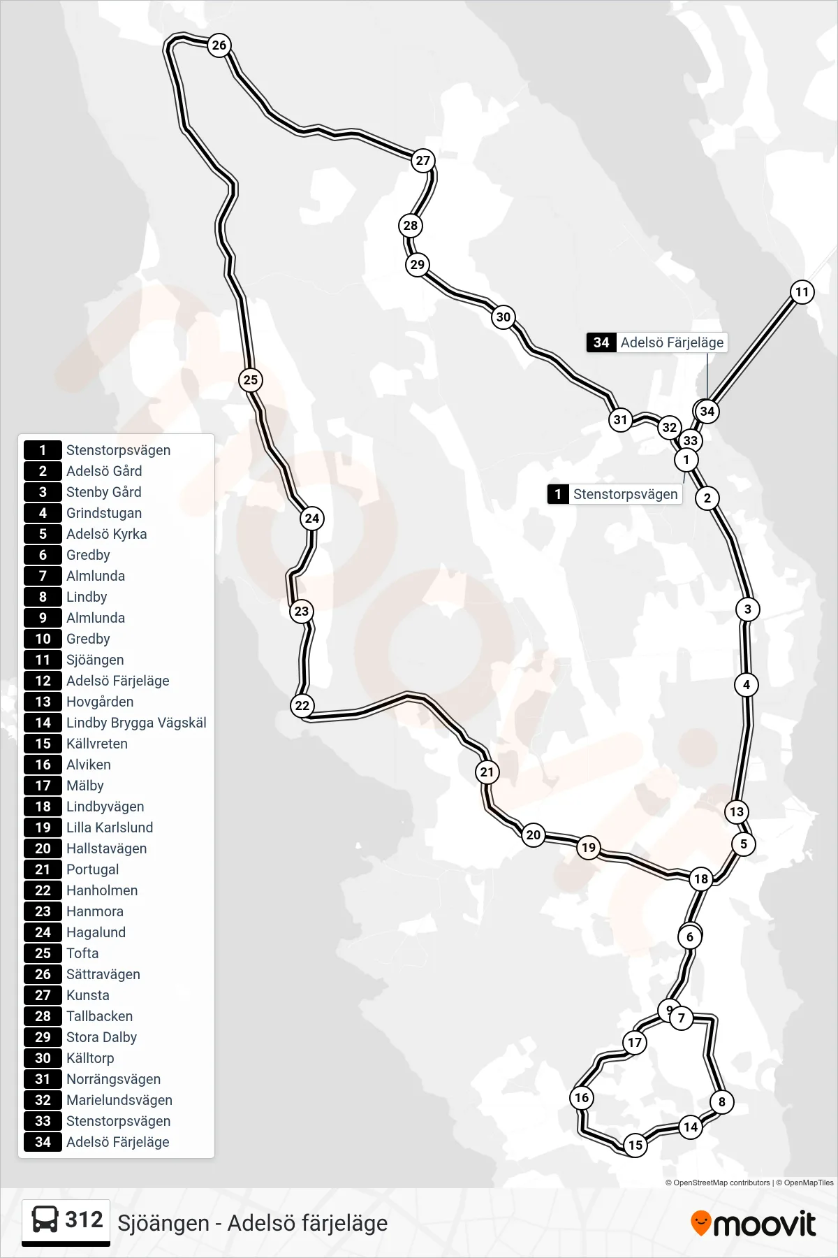 Rutt och hållplatser på karta för linje 312 buss, (Sjöängen)