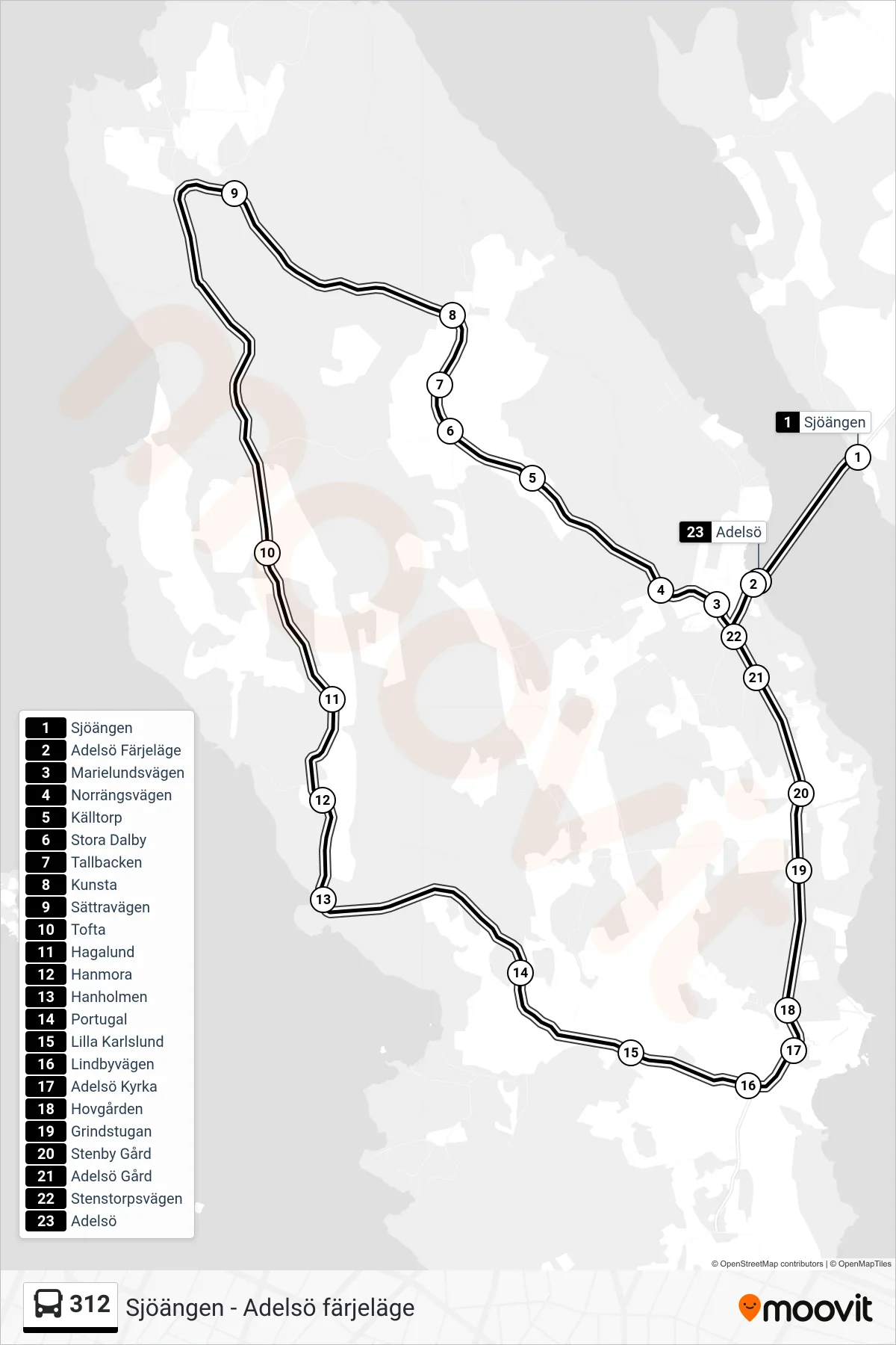 Rutt och hållplatser på karta för linje 312  buss, (Adelsö)