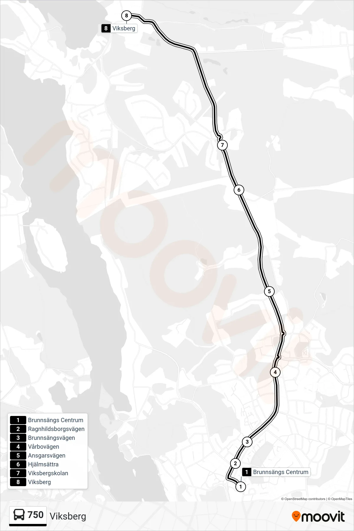 Rutt och hållplatser på karta för linje 750 buss, (Viksberg)
