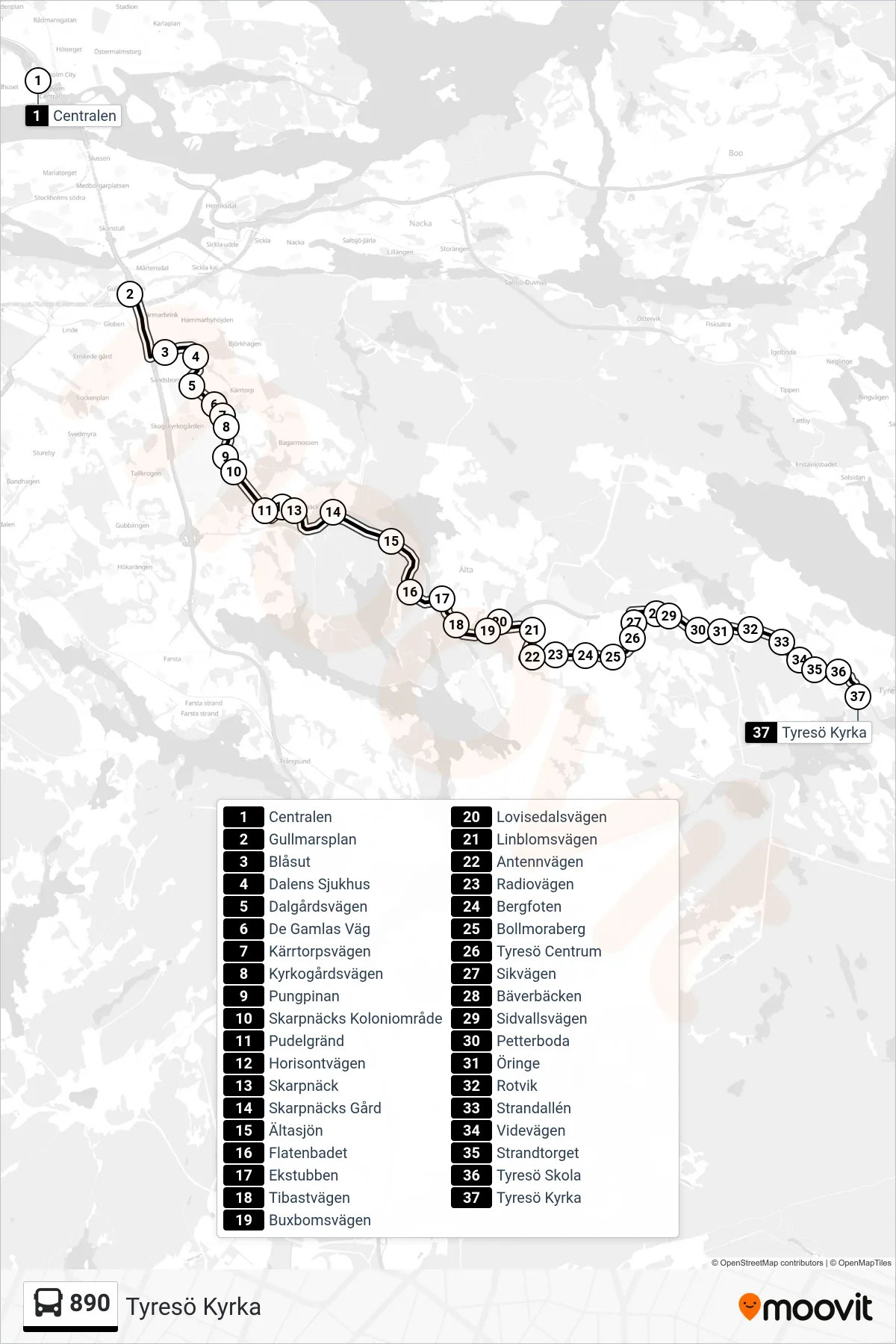 Rutt och hållplatser på karta för linje 890  buss, (Tyresö Kyrka)