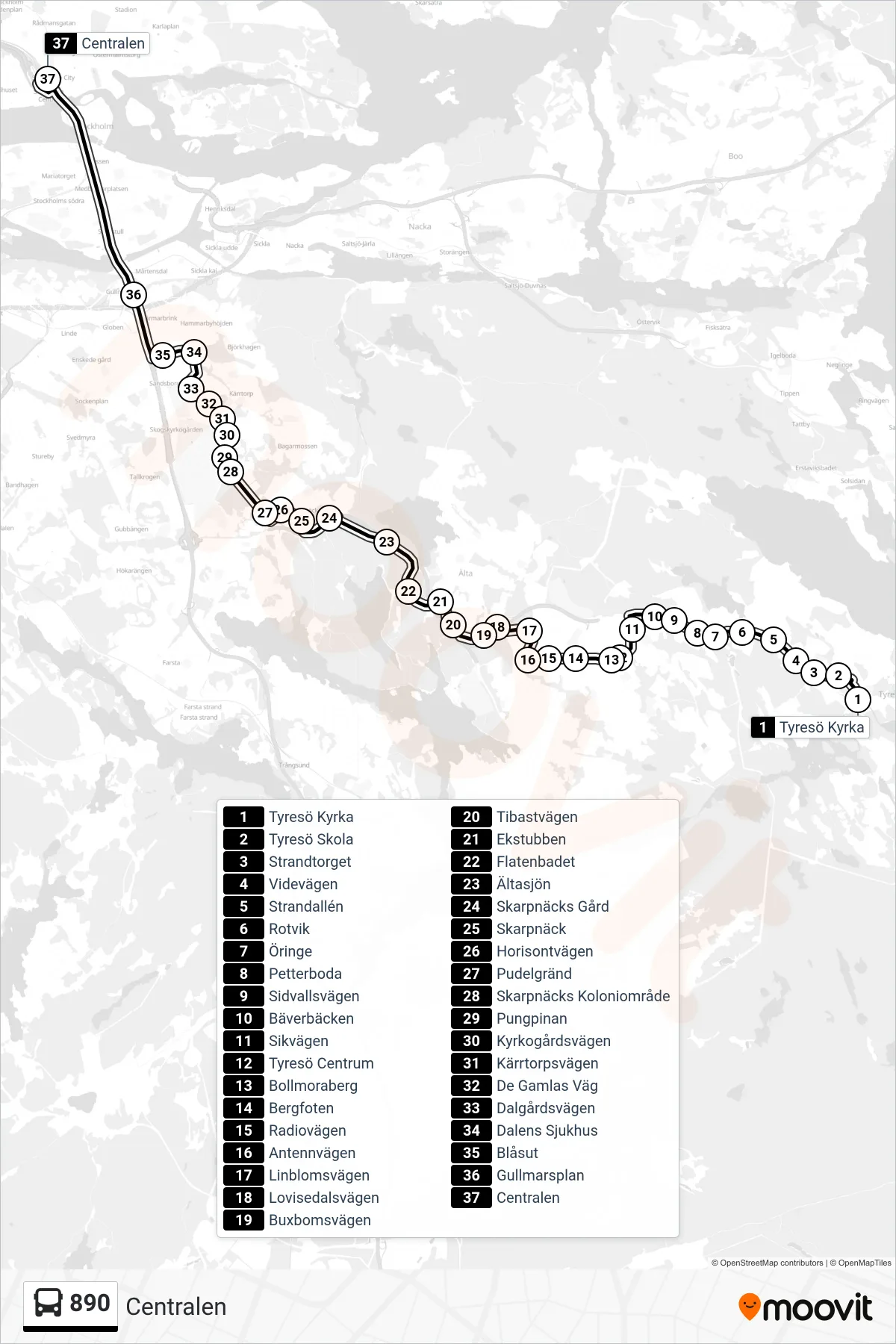 Rutt och hållplatser på karta för linje 890  buss, (Centralen)